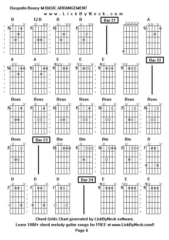 Chord Grids Chart of chord melody fingerstyle guitar song-Rasputin-Boney M-BASIC ARRANGEMENT,generated by LickByNeck software.